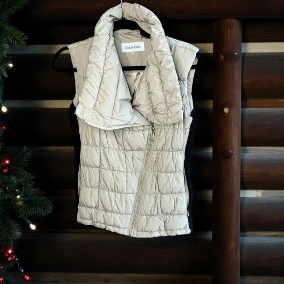 Calvin Klein Jackets & Blazers - Calvin Klein Puffer Vest Funnel Neck Side Zipper Tan Black Sides Size Small